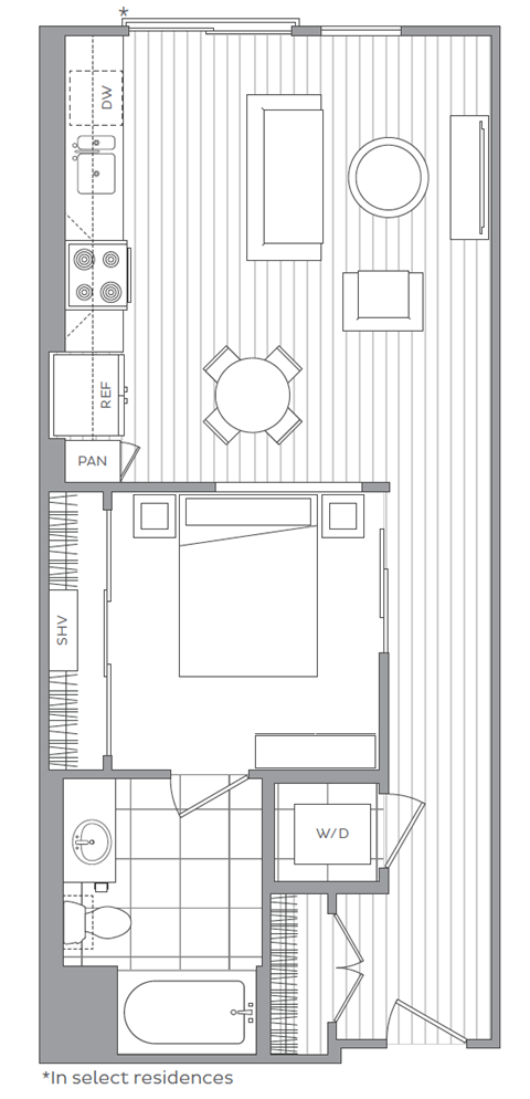 Floor plan for 1 bed, 1 bath, 652 sqft